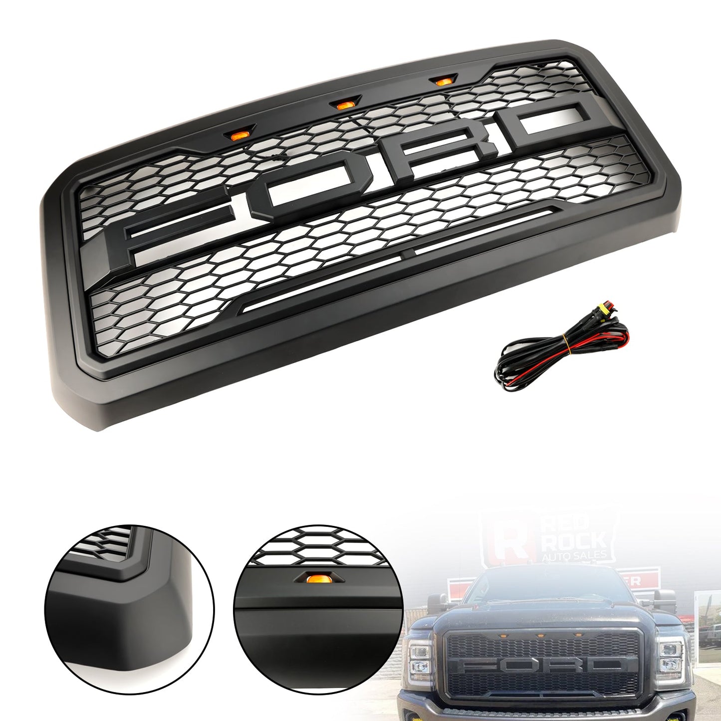 Ford 2011-2016 F250 F350 F450 F550 Super Duty Front Grille Upper Bumper Honeycomb Black Grill With LED