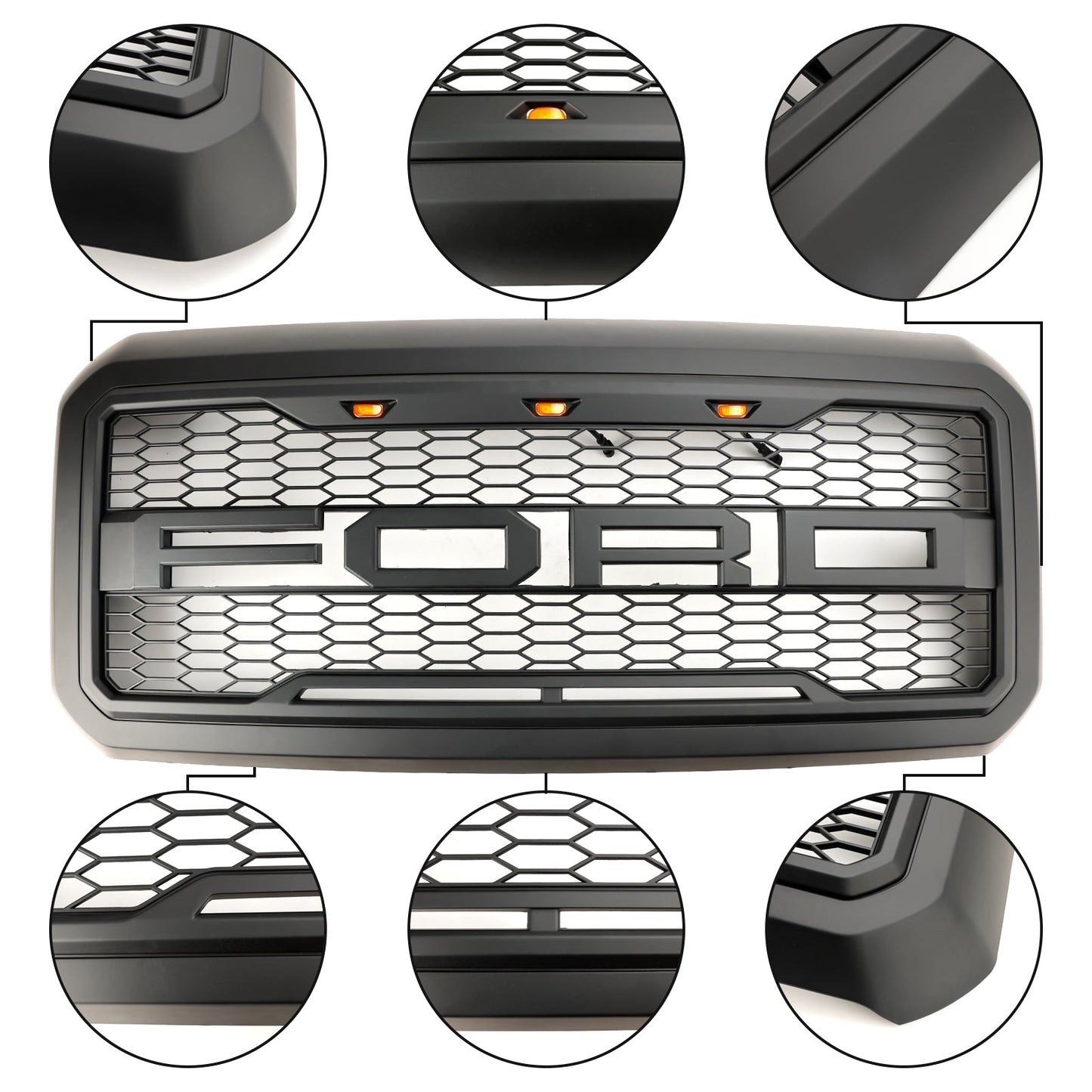 2011-2016 Ford F250/350/450/550 Super Duty Raptor Style Front Bumper Grill Replacement W/LED Black Grille