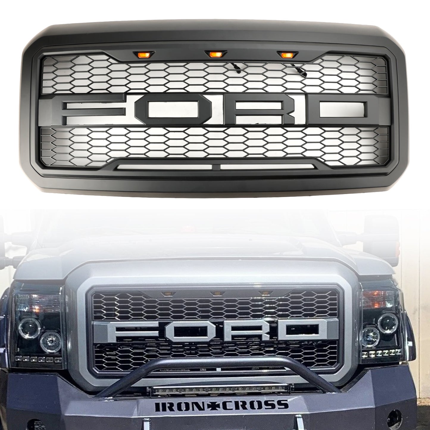 Ford 2011-2016 F250 F350 F450 F550 Super Duty Front Grille Upper Bumper Honeycomb Black Grill With LED