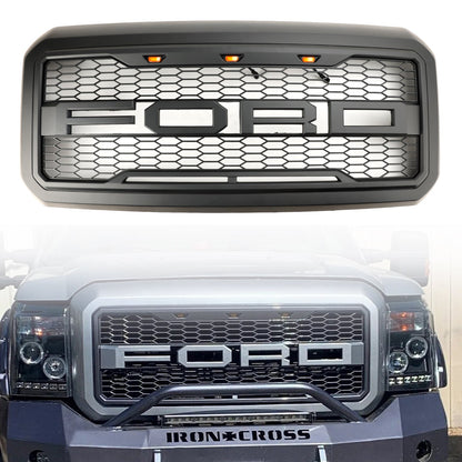 Ford 2011-2016 F250 F350 F450 F550 Super Duty Front Grille Upper Bumper Honeycomb Black Grill With LED