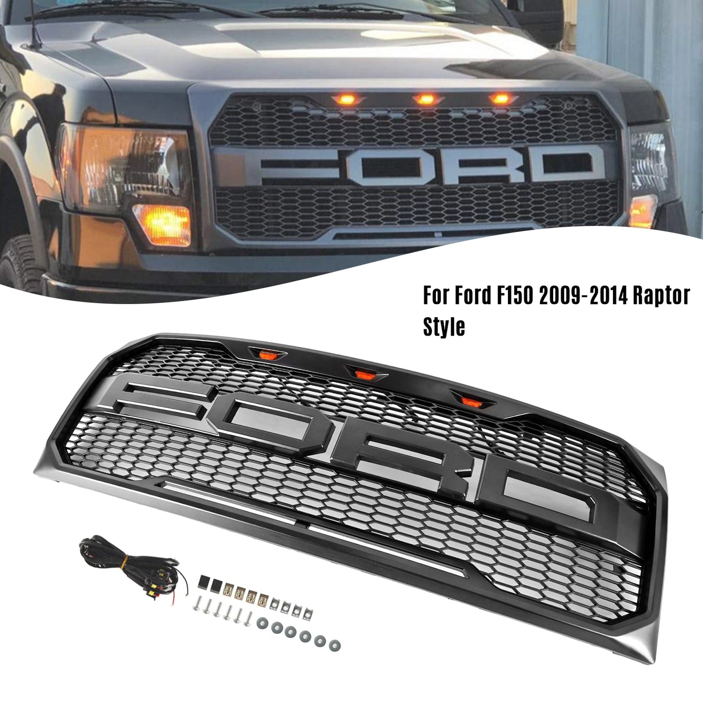 2009-2014 Ford F150 Raptor Style Grille W/ LED Light Front Bumper Matte Black / Glossy Black / Gray Honeycomb Grill