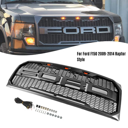 2009-2014 Ford F150 Raptor Style Grille W/ LED Light Front Bumper Matte Black / Glossy Black / Gray Honeycomb Grill