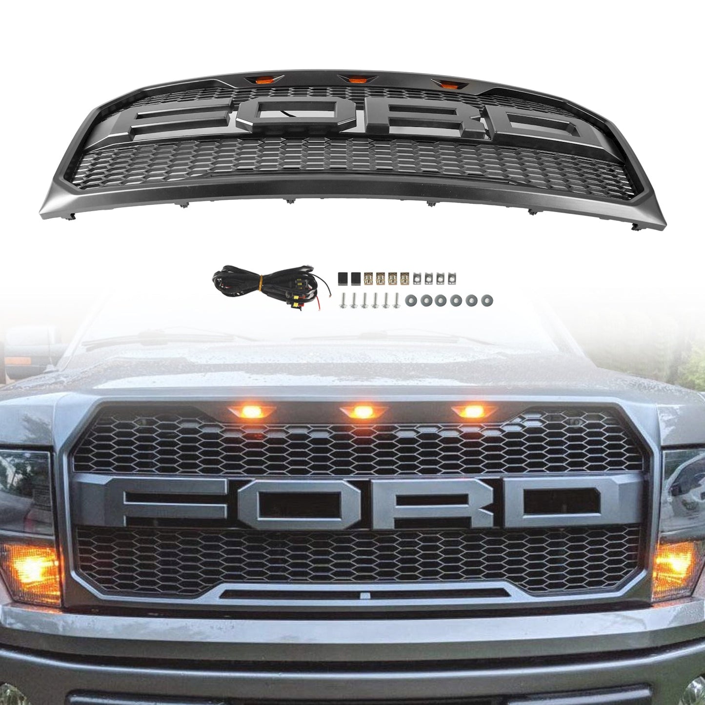 2009-2014 Ford F150 Raptor Style Grille W/ LED Light Front Bumper Matte Black / Glossy Black / Gray Honeycomb Grill