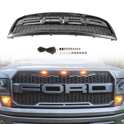 2009-2014 Ford F150 Raptor Style Grille W/ LED Light Front Bumper Matte Black / Glossy Black / Gray Honeycomb Grill