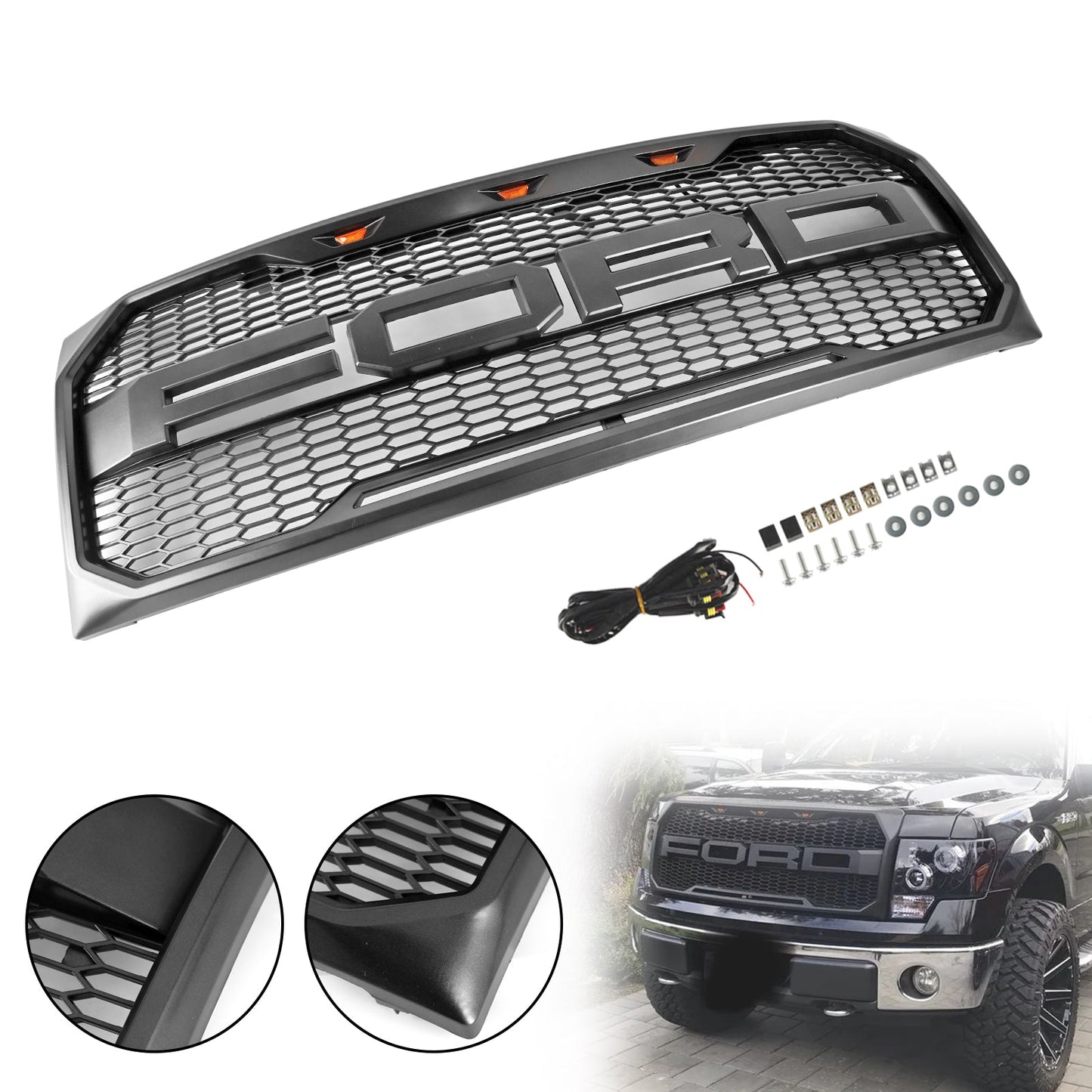 2009-2014 Ford F150 Raptor Style Grille W/ LED Light Front Bumper Matte Black / Glossy Black / Gray Honeycomb Grill