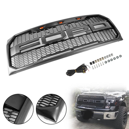 2009-2014 Ford F150 Raptor Style Grille W/ LED Light Front Bumper Matte Black / Glossy Black / Gray Honeycomb Grill