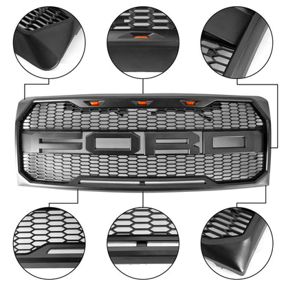 2009-2014 Ford F150 Raptor Style Grille W/ LED Light Front Bumper Matte Black / Glossy Black / Gray Honeycomb Grill
