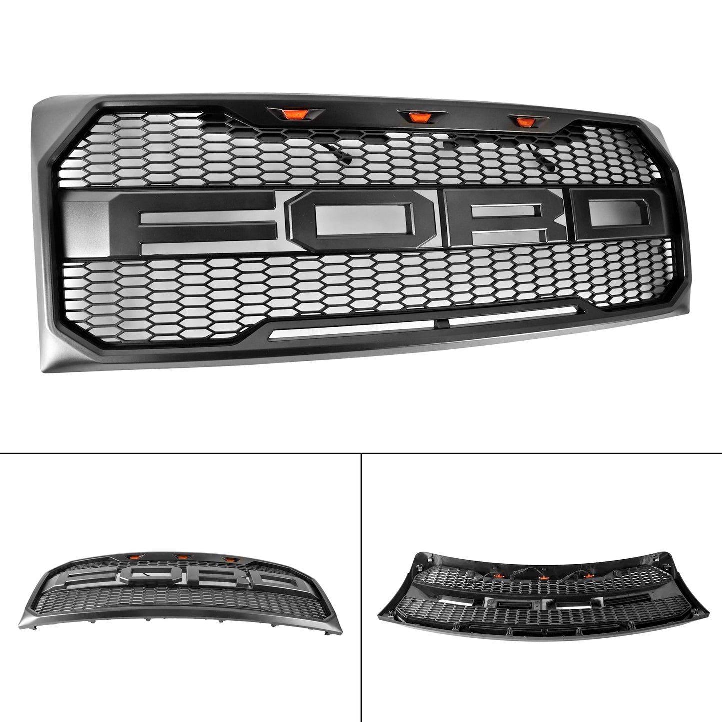 2009-2014 Ford F150 Raptor Style Grille W/ LED Light Front Bumper Matte Black / Glossy Black / Gray Honeycomb Grill