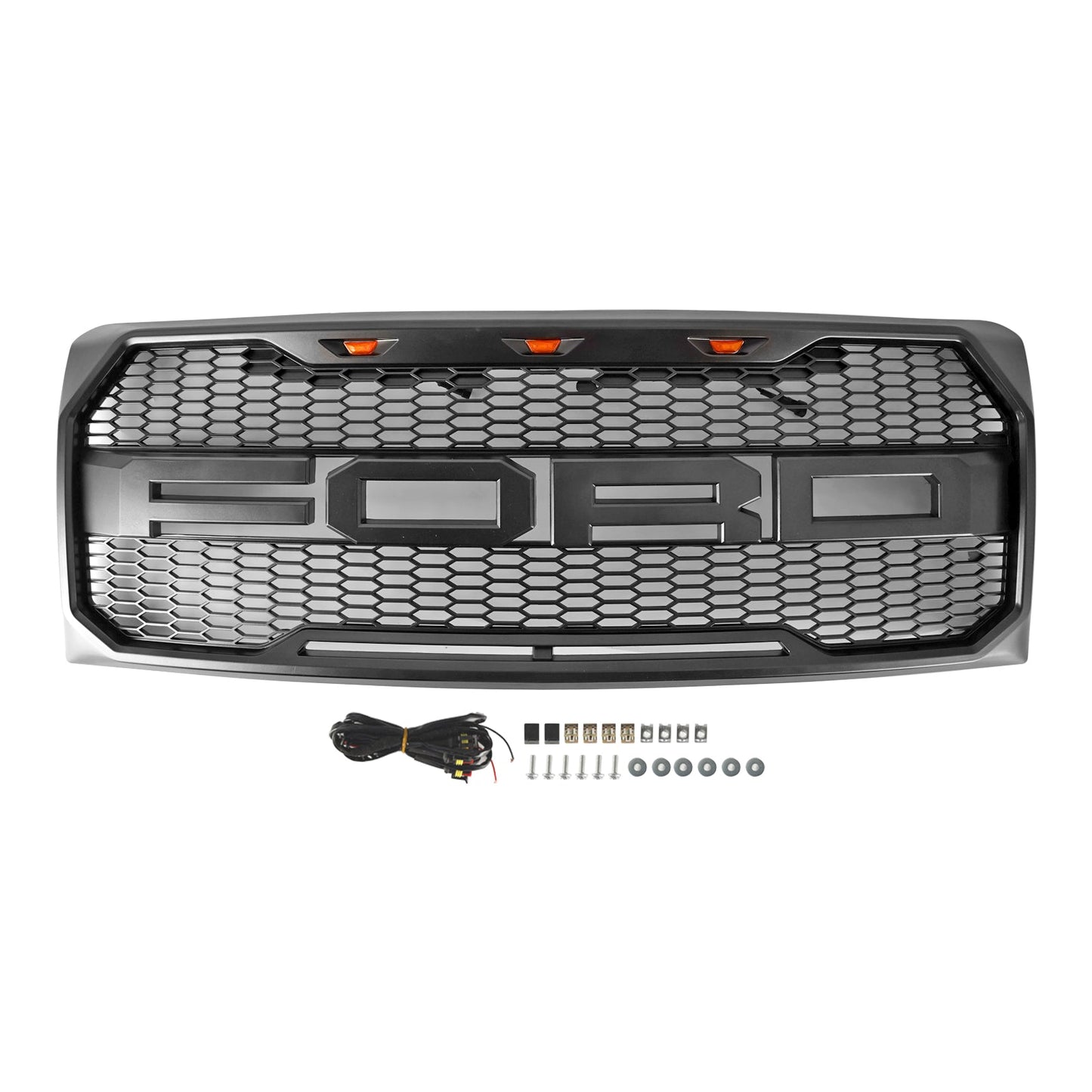 2009-2014 Ford F150 Raptor Style Grille W/ LED Light Front Bumper Matte Black / Glossy Black / Gray Honeycomb Grill