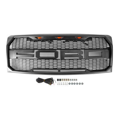 2009-2014 Ford F150 Raptor Style Grille W/ LED Light Front Bumper Matte Black / Glossy Black / Gray Honeycomb Grill