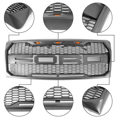 2009-2014 Raptor Style Grill Ford F150 Gray Black Front Bumper Replacement Grille W/ LED & Letter
