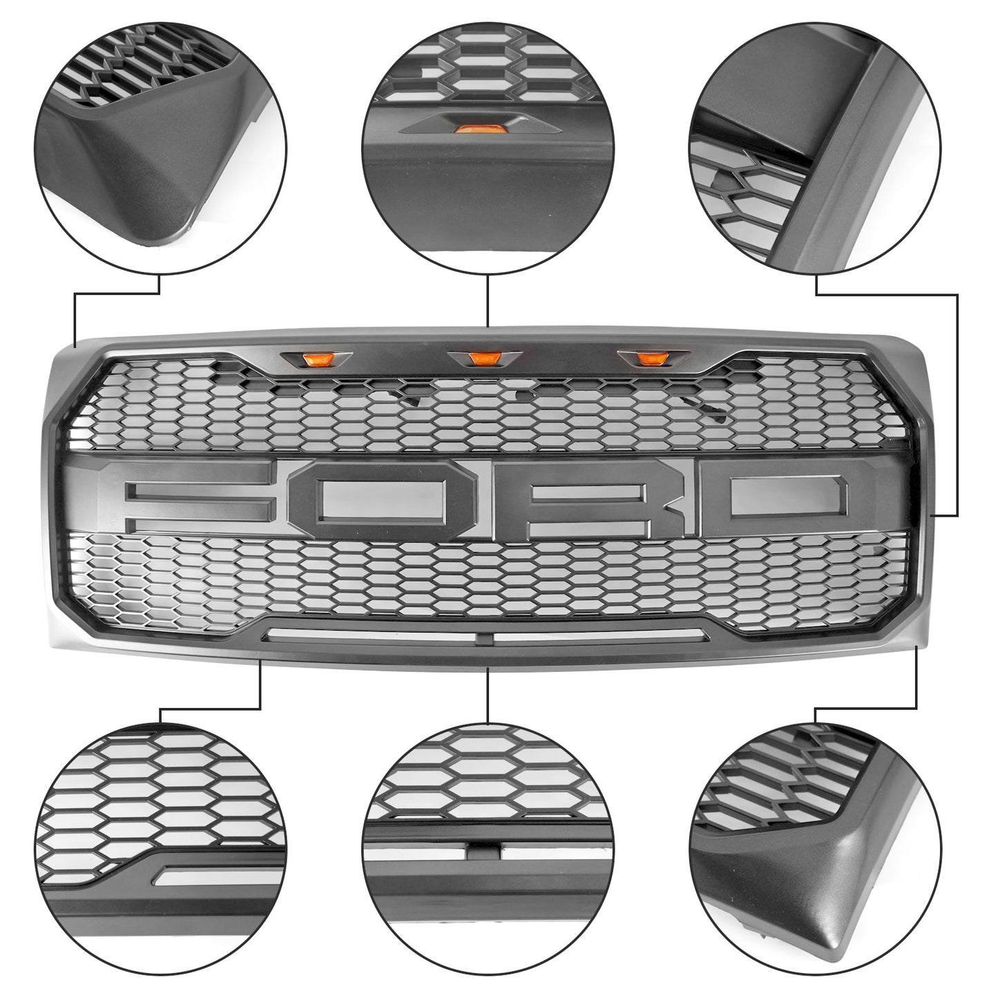 2009-2014 Ford F150 Raptor Style Grille W/ LED Light Front Bumper Matte Black / Glossy Black / Gray Honeycomb Grill