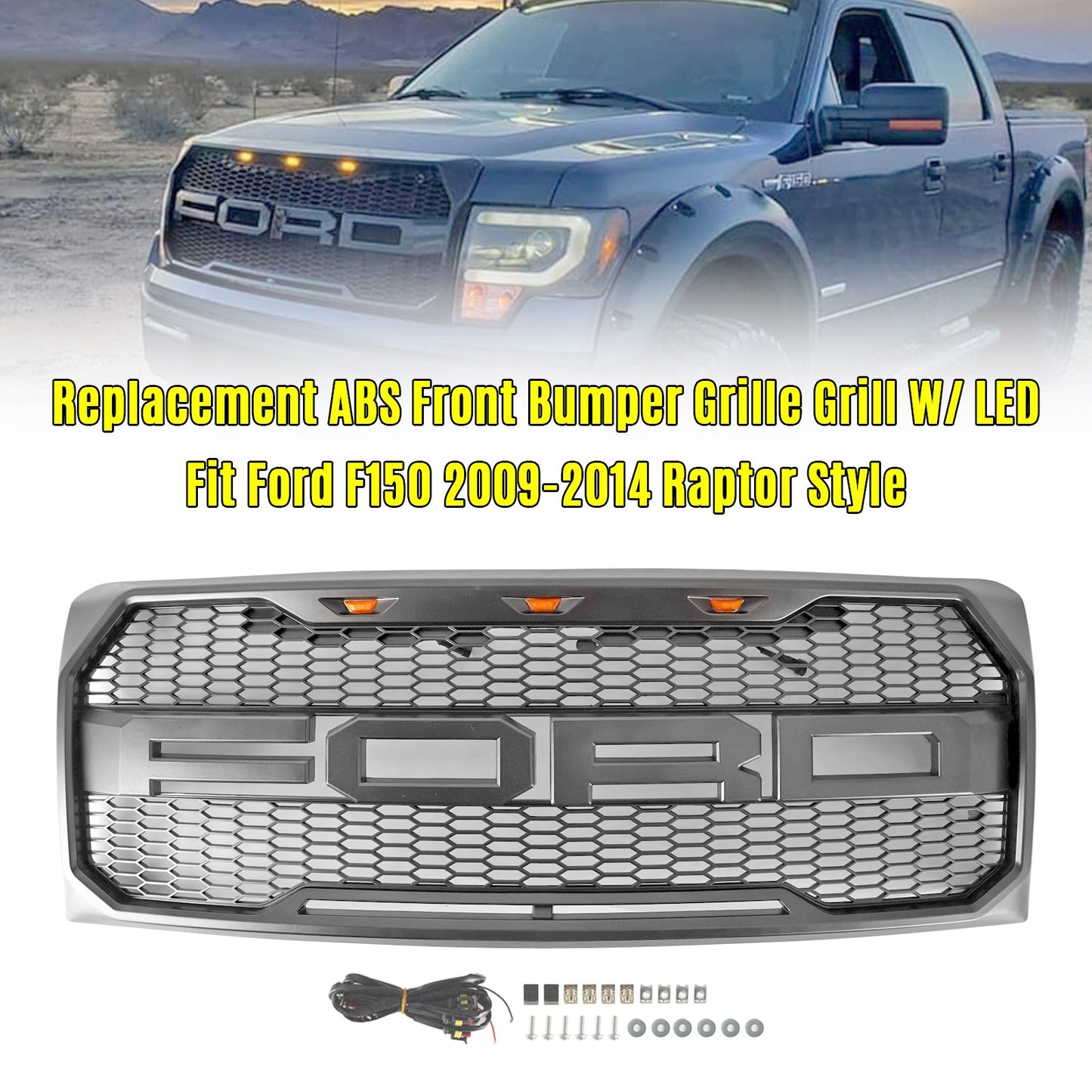 2009-2014 Ford F150 Raptor Style Grille W/ LED Light Front Bumper Matte Black / Glossy Black / Gray Honeycomb Grill