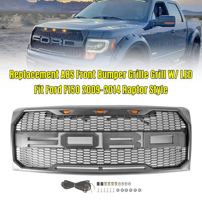 2009-2014 Ford F150 Raptor Style Grille W/ LED Light Front Bumper Matte Black / Glossy Black / Gray Honeycomb Grill
