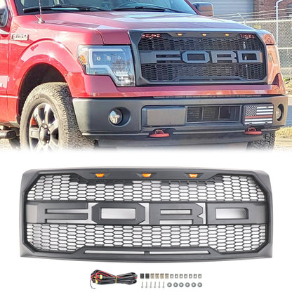 2009-2014 Raptor Style Grill Ford F150 Gray Black Front Bumper Replacement Grille W/ LED & Letter