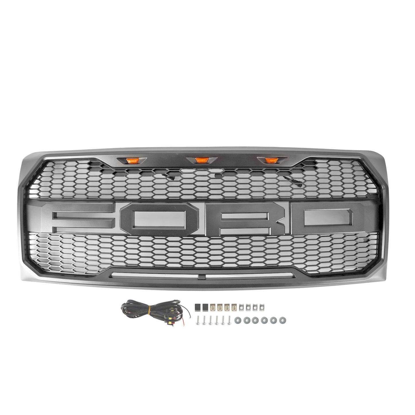 2009-2014 Ford F150 Front Grille Upper Bumper Gray Honeycomb Raptor Style Grill With LED