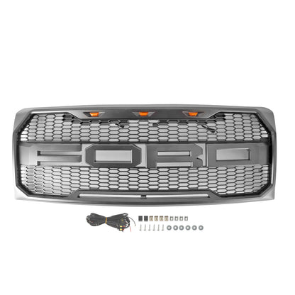 2009-2014 Raptor Style Grill Ford F150 Gray Black Front Bumper Replacement Grille W/ LED & Letter