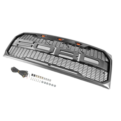 2009-2014 Raptor Style Grill Ford F150 Gray Black Front Bumper Replacement Grille W/ LED & Letter
