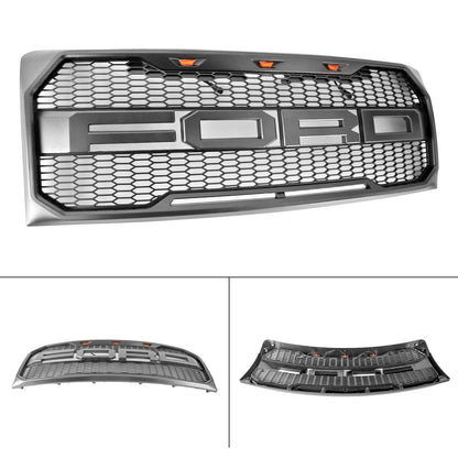 2009-2014 Raptor Style Grill Ford F150 Gray Black Front Bumper Replacement Grille W/ LED & Letter