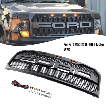2009-2014 Ford F150 Matte Black Front Bumper Replacement Grill W/ LED & Letter Raptor Style Grille