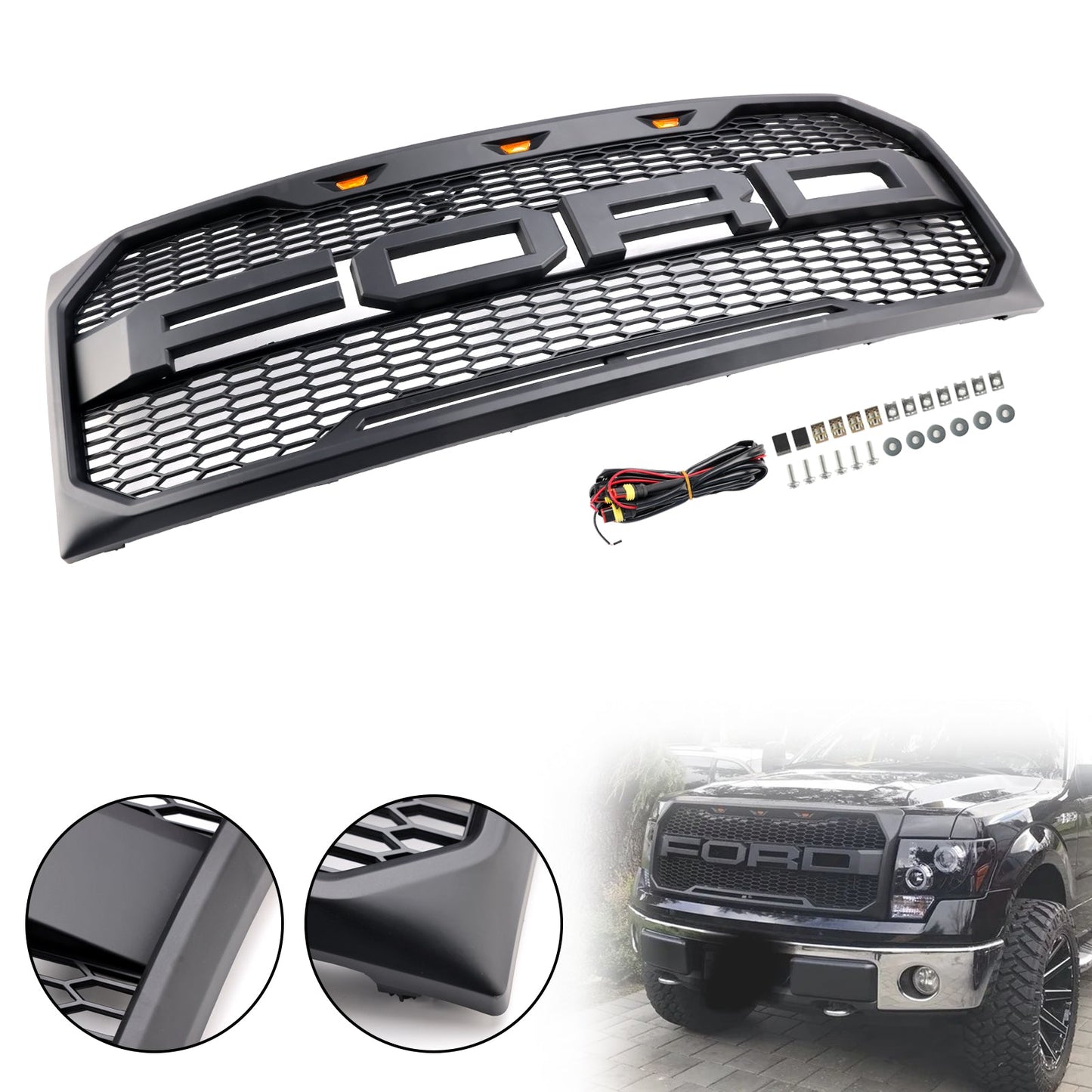 2009-2014 Ford F150 Matte Black Front Bumper Replacement Grill W/ LED & Letter Raptor Style Grille