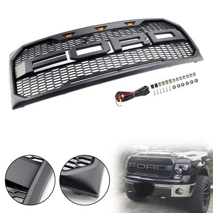 2009-2014 Ford F150 Matte Black Front Bumper Replacement Grill W/ LED & Letter Raptor Style Grille