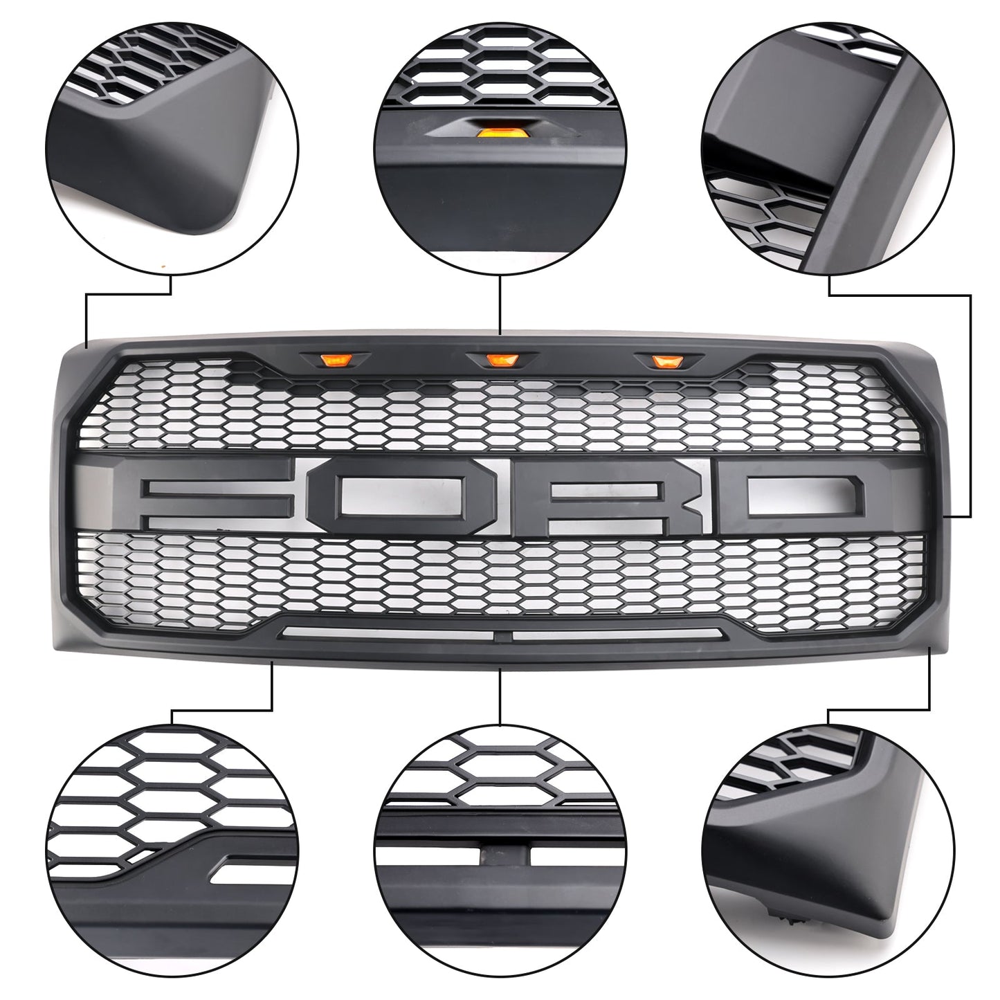 2009-2014 Ford F150 Matte Black Front Bumper Replacement Grill W/ LED & Letter Raptor Style Grille