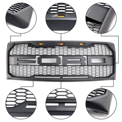 2009-2014 Ford F150 Matte Black Front Bumper Replacement Grill W/ LED & Letter Raptor Style Grille