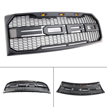 2009-2014 Ford F150 Matte Black Front Bumper Replacement Grill W/ LED & Letter Raptor Style Grille