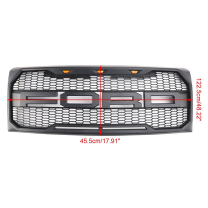 2009-2014 Ford F150 Matte Black Front Bumper Replacement Grill W/ LED & Letter Raptor Style Grille
