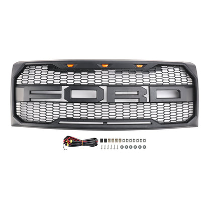 2009-2014 Ford F150 Matte Black Front Bumper Replacement Grill W/ LED & Letter Raptor Style Grille