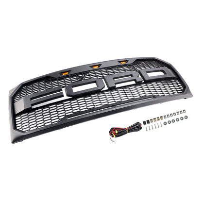 2009-2014 Ford F150 Matte Black Front Bumper Replacement Grill W/ LED & Letter Raptor Style Grille