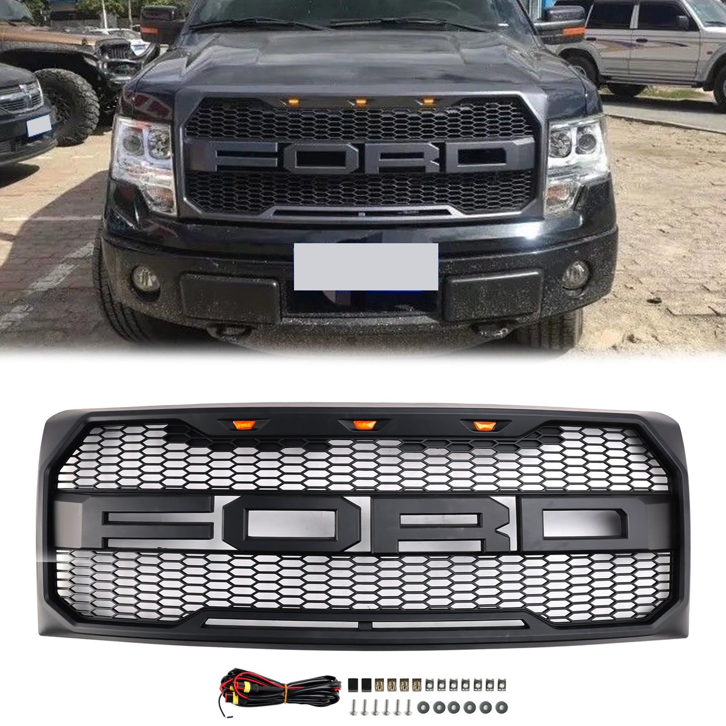 2009-2014 Ford F150 Raptor Style Grille W/ LED Light Front Bumper Matte Black / Glossy Black / Gray Honeycomb Grill