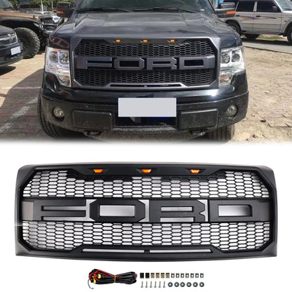 2009-2014 Ford F150 Raptor Style Grille W/ LED Light Front Bumper Matte Black / Glossy Black / Gray Honeycomb Grill
