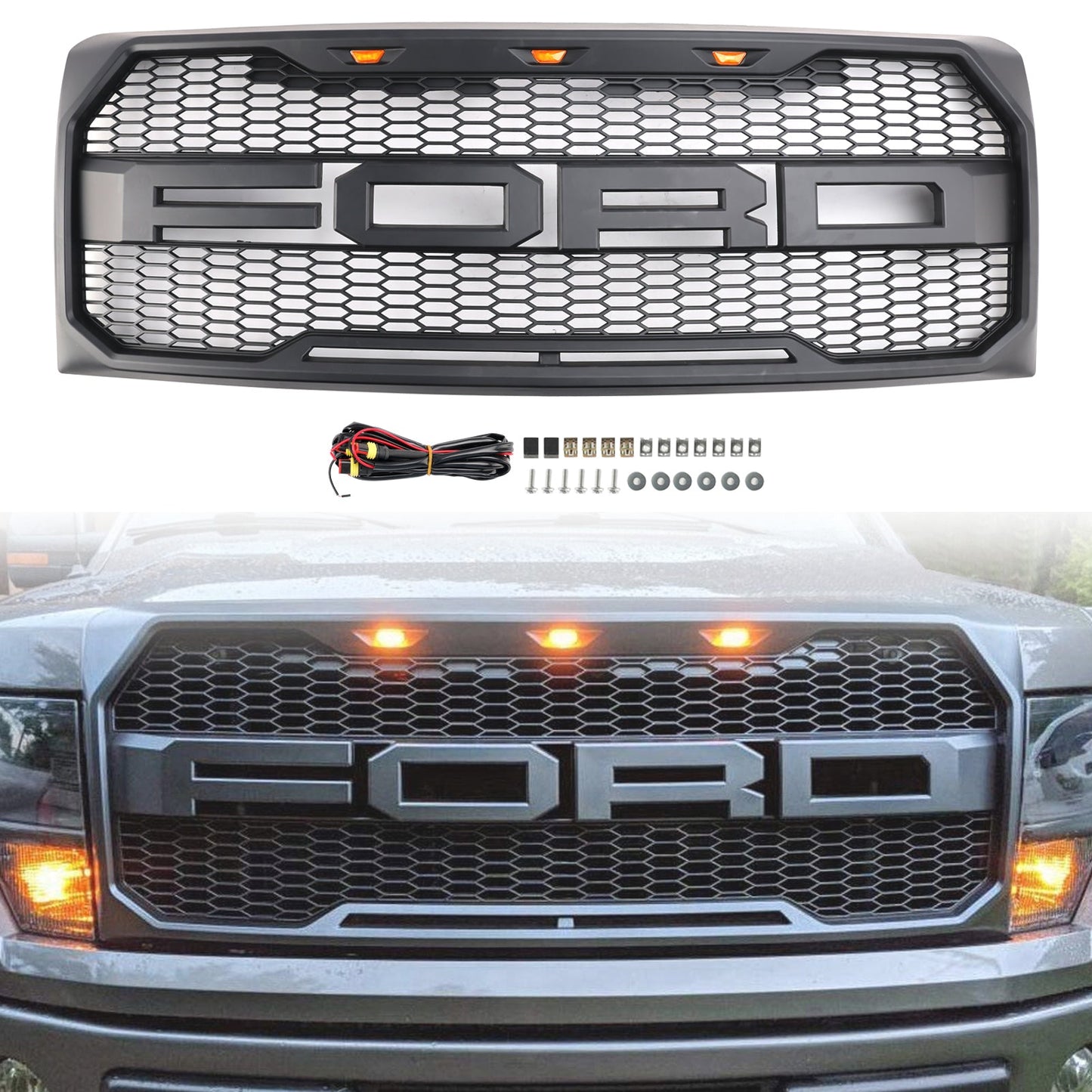 2009-2014 Ford F150 Matte Black Front Bumper Replacement Grill W/ LED & Letter Raptor Style Grille