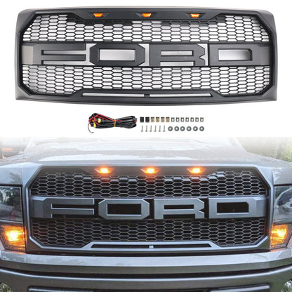 2009-2014 Ford F150 Matte Black Front Bumper Replacement Grill W/ LED & Letter Raptor Style Grille