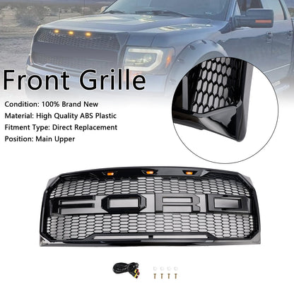 2009-2014 Ford F150 Raptor Style Grille W/ LED Light Front Bumper Matte Black / Glossy Black / Gray Honeycomb Grill