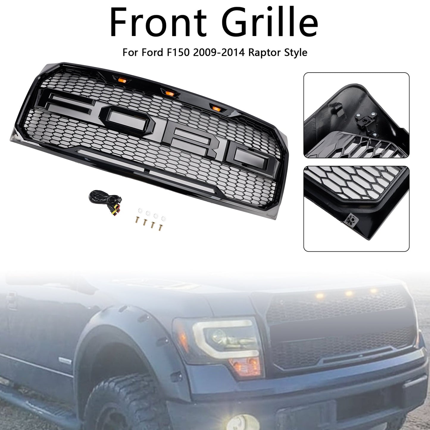 2009-2014 Ford F150 Gloss Black Raptor Style Front Bumper Grille Grill