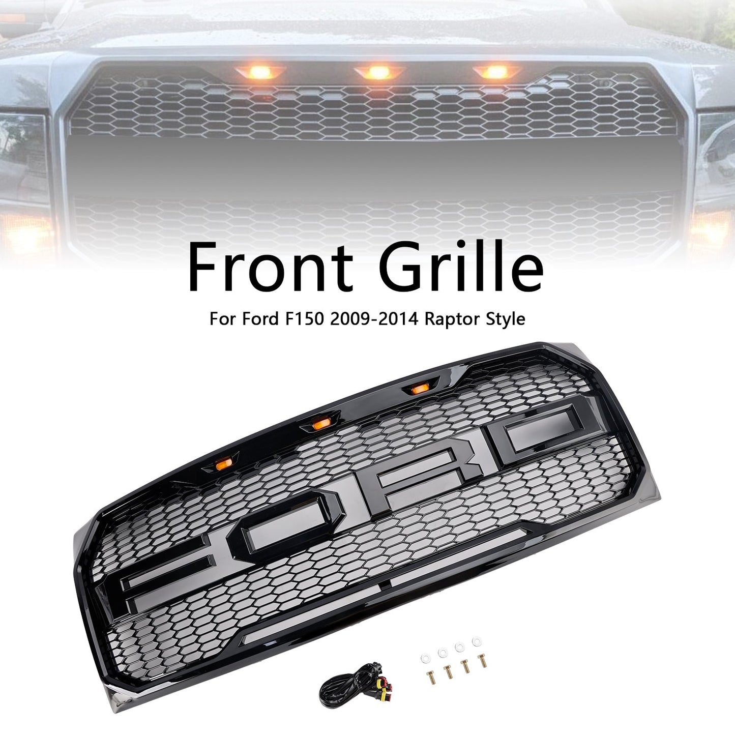 2009-2014 Ford F150 Gloss Black Raptor Style Front Bumper Grille Grill