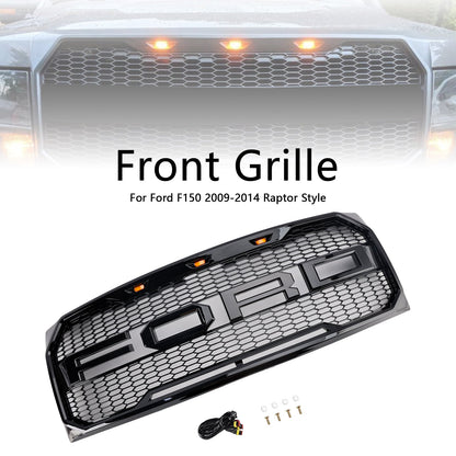 2009-2014 Ford F150 Gloss Black Raptor Style Front Bumper Grille Grill