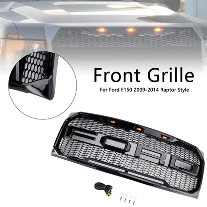 2009-2014 Ford F150 Gloss Black Raptor Style Front Bumper Grille Grill