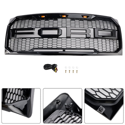 2009-2014 Ford F150 Gloss Black Raptor Style Front Bumper Grille Grill