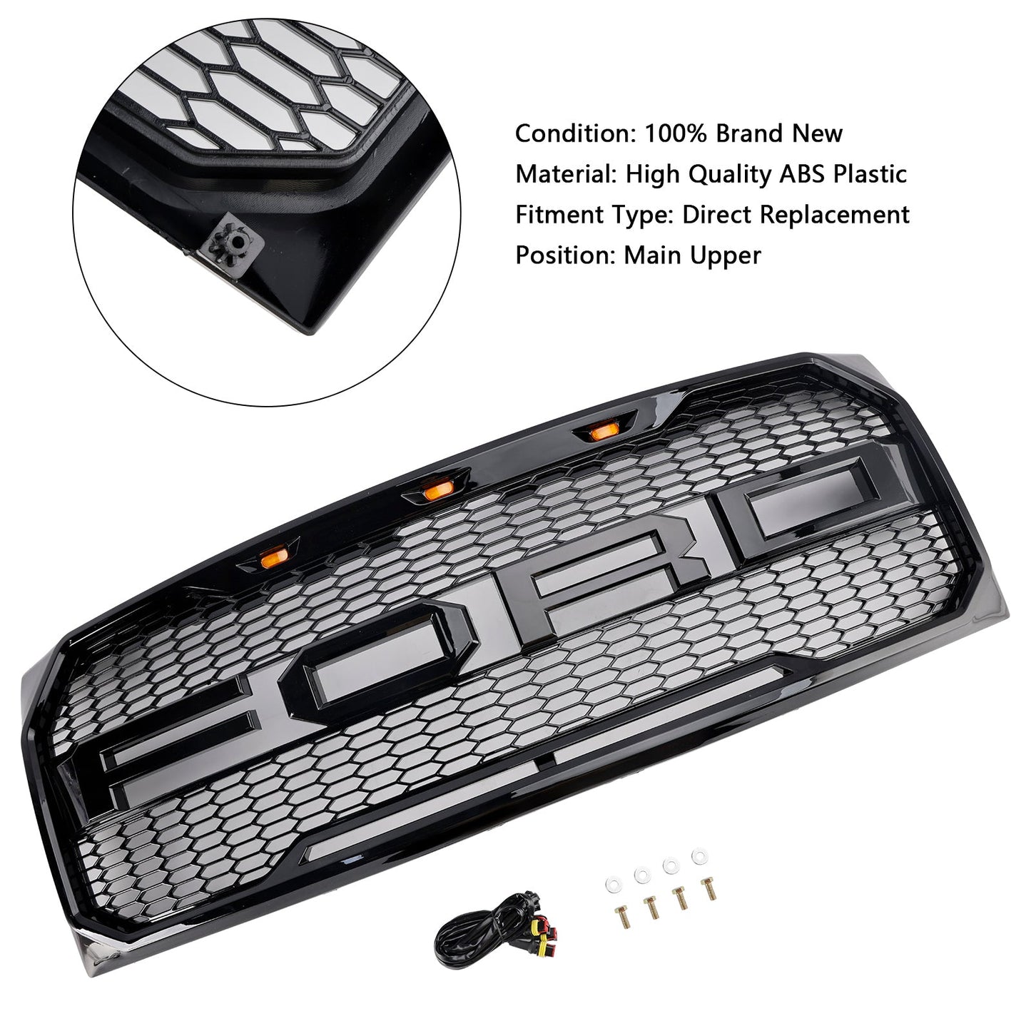 2009-2014 Ford F150 Raptor Style Grille W/ LED Light Front Bumper Matte Black / Glossy Black / Gray Honeycomb Grill