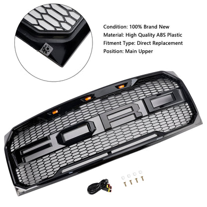 2009-2014 Ford F150 Raptor Style Grille W/ LED Light Front Bumper Matte Black / Glossy Black / Gray Honeycomb Grill