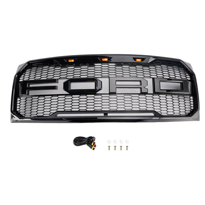 2009-2014 Ford F150 Gloss Black Raptor Style Front Bumper Grille Grill