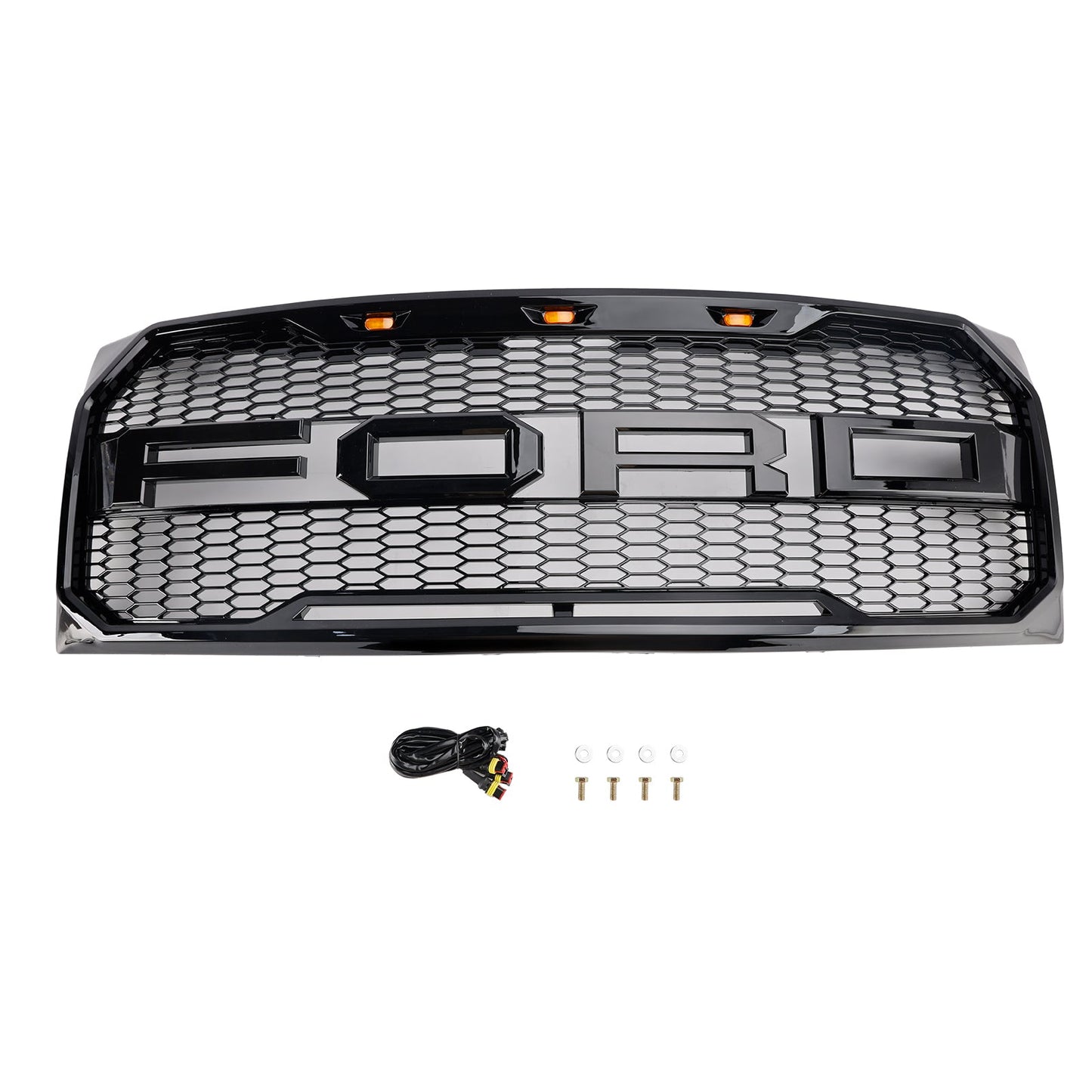 2009-2014 Ford F150 Raptor Style Grille W/ LED Light Front Bumper Matte Black / Glossy Black / Gray Honeycomb Grill