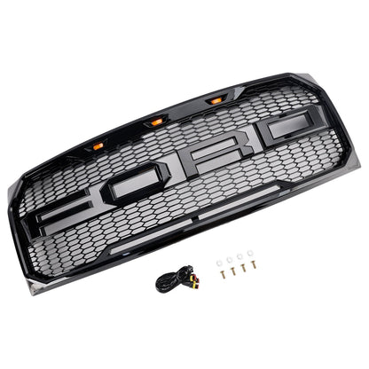 2009-2014 Ford F150 Gloss Black Raptor Style Front Bumper Grille Grill