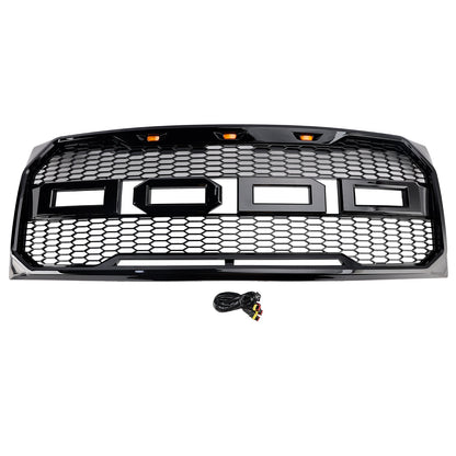 2009-2014 Ford F150 Raptor Style Grille W/ LED Light Front Bumper Matte Black / Glossy Black / Gray Honeycomb Grill
