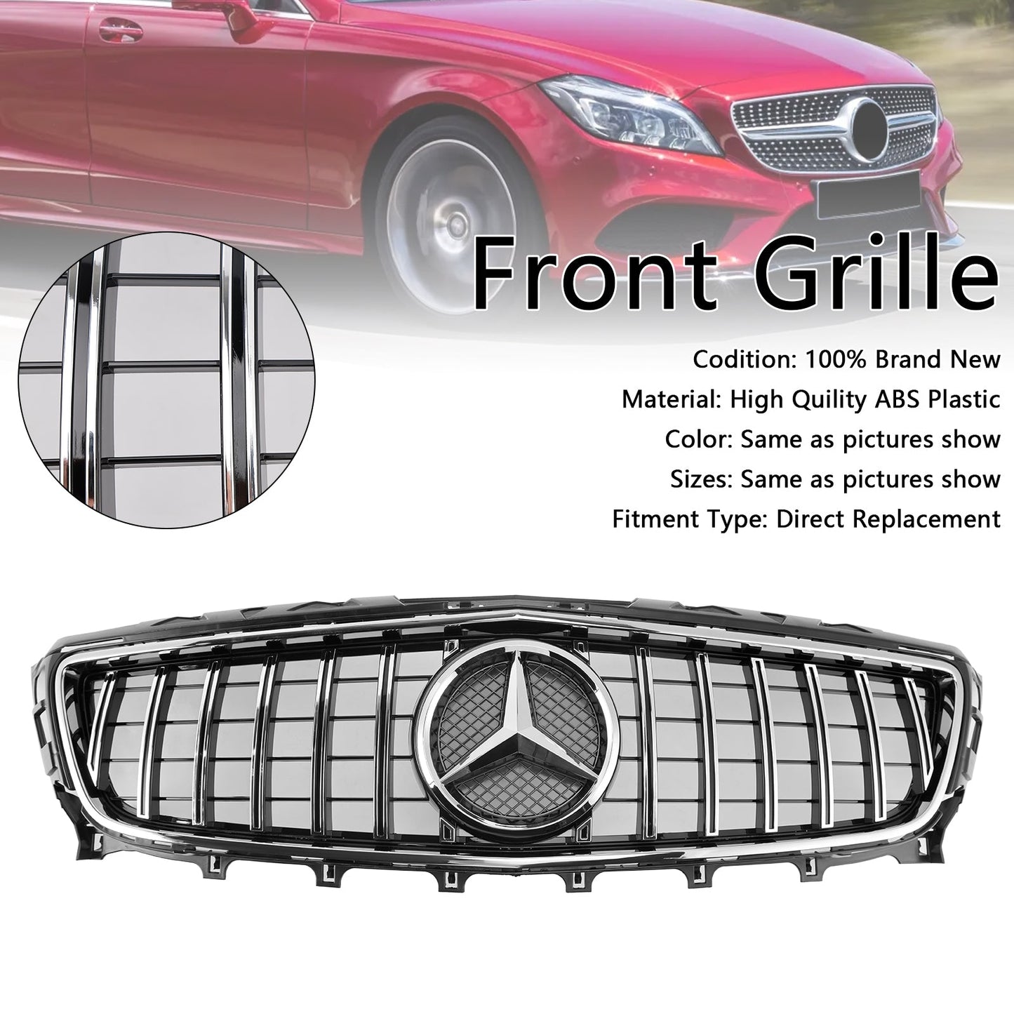 2011-2014 Mercedes Benz CLS-Class W218 C218 X218 GTR Styel Grill Front Bumper Chrome Replacement Grille W/ Emblem