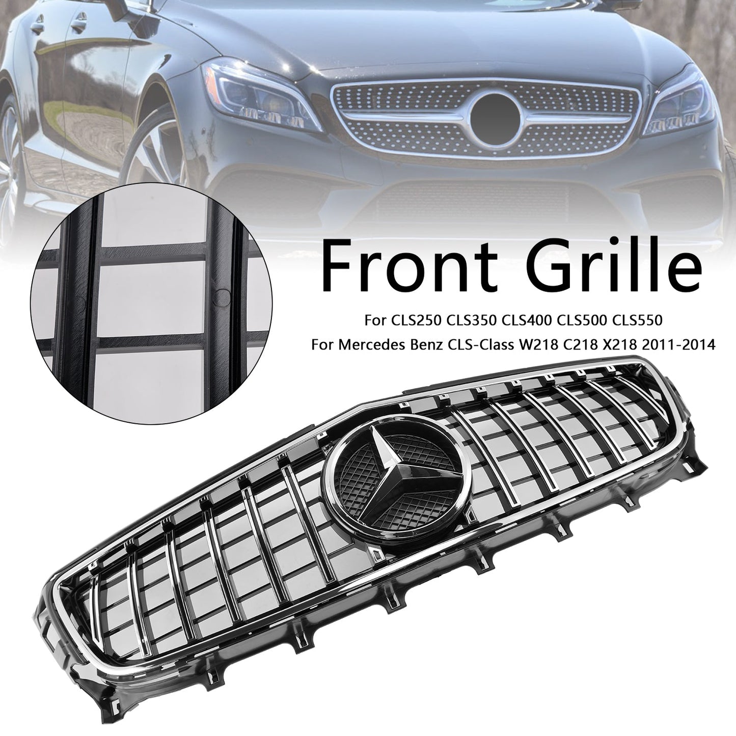 2011-2014 Mercedes Benz CLS-Class W218 C218 X218 GTR Styel Grill Front Bumper Chrome Replacement Grille W/ Emblem